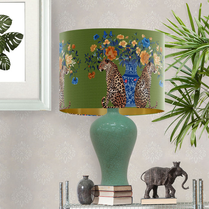 Chinoiserie Lampshade, Leopard with Blue Vase on Green, Drum, Ceiling Pendant