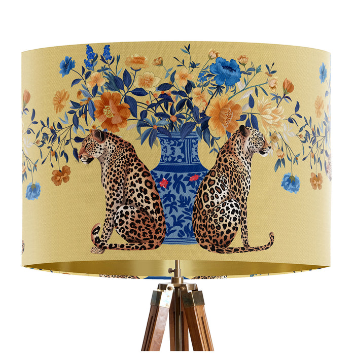 Chinoiserie Lampshade, Leopard with Blue Vase on Gold, Drum, Ceiling Pendant