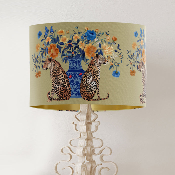 Chinoiserie Lampshade, Leopard with Blue Vase on Gold, Drum, Ceiling Pendant