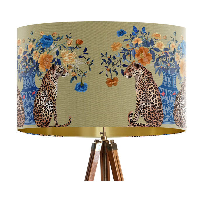 Chinoiserie Lampshade, Leopard with Blue Vase on Gold, Drum, Ceiling Pendant