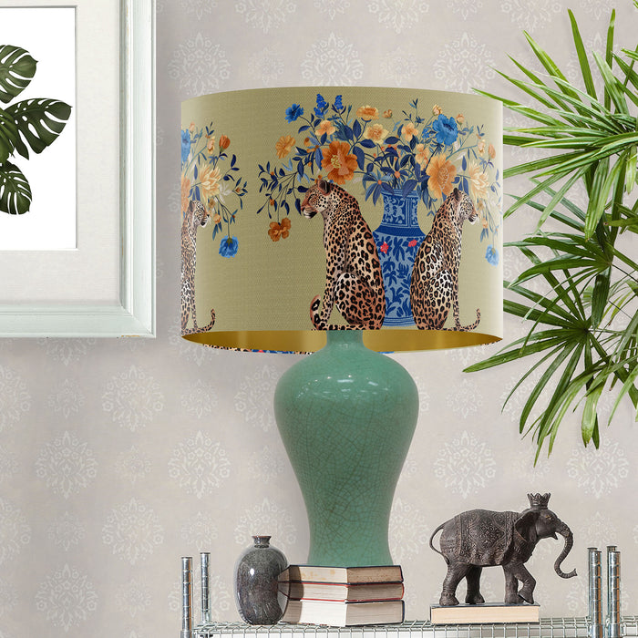 Chinoiserie Lampshade, Leopard with Blue Vase on Gold, Drum, Ceiling Pendant