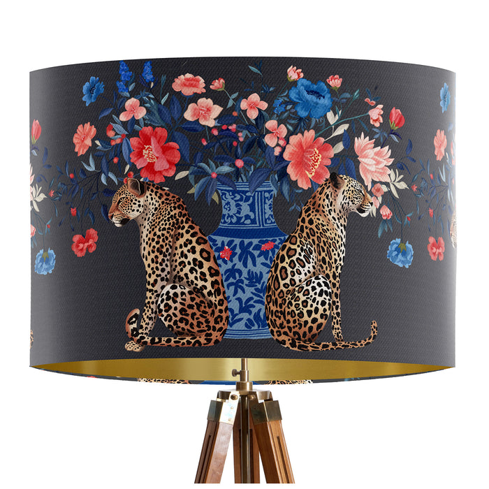 Leopards with Blue Vase on Charcoal Chinoiserie Wholesale Lampshade