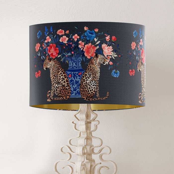 Chinoiserie Lampshade, Leopard with Blue Vase on Charcoal, Drum, Ceiling Pendant