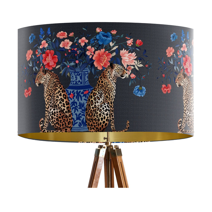 Chinoiserie Lampshade, Leopard with Blue Vase on Charcoal, Drum, Ceiling Pendant