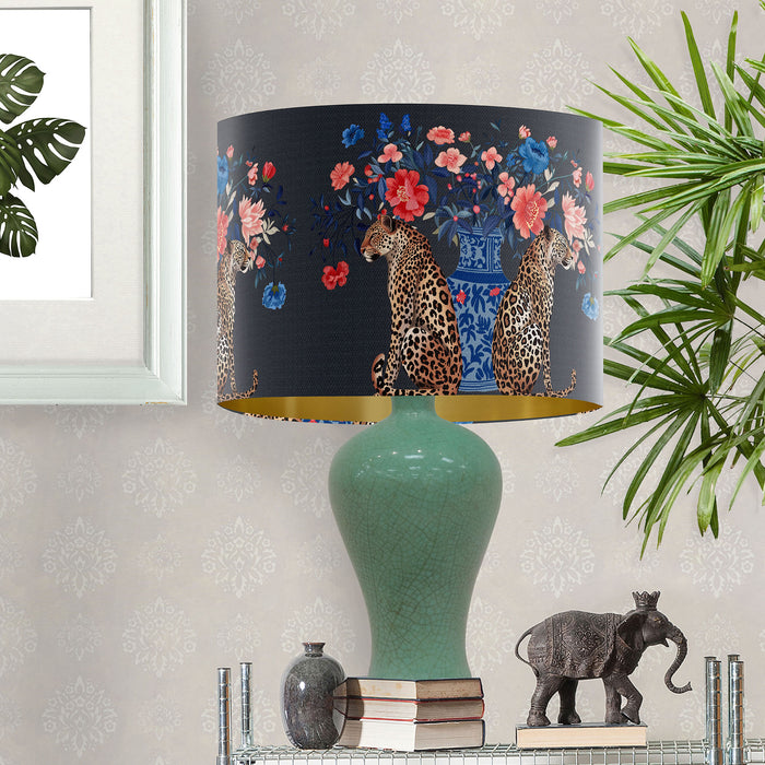 Chinoiserie Lampshade, Leopard with Blue Vase on Charcoal, Drum, Ceiling Pendant