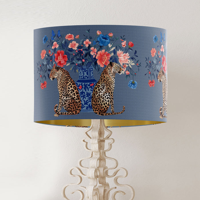 Chinoiserie Lampshade, Leopard with Blue Vase on Blue, Drum, Ceiling Pendant