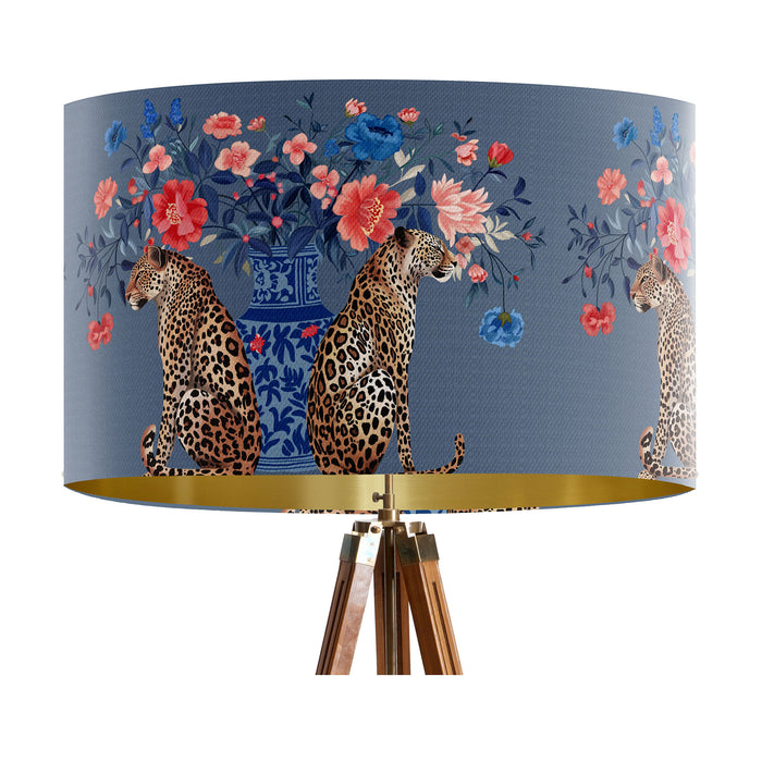 Chinoiserie Lampshade, Leopard with Blue Vase on Blue, Drum, Ceiling Pendant