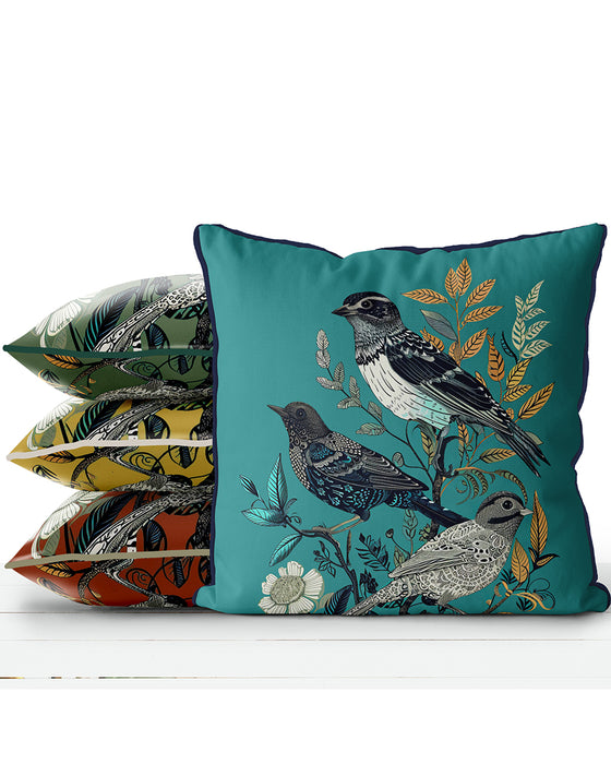 Handmade cushion/pillow cover illustration of a flock of birds perched on branches on a green background