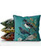 Handmade cushion/pillow cover illustration of a flock of birds perched on branches on a green background