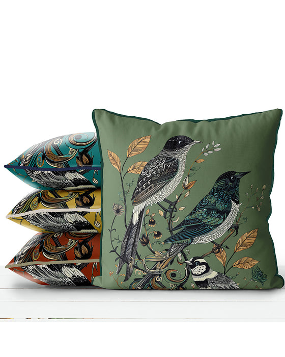 Handmade cushion/pillow cover illustration of a flock of birds perched on branches on a green background