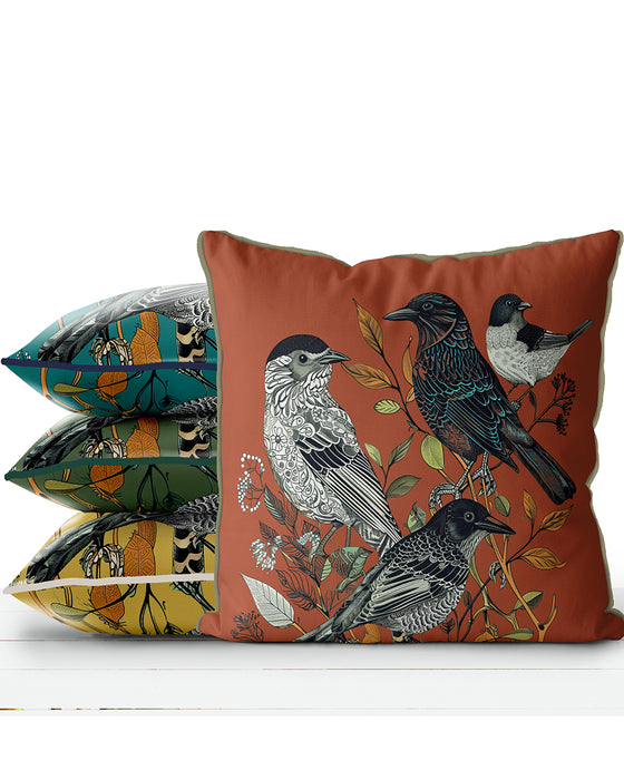 Handmade cushion/pillow cover illustration of a flock of birds perched on branches on a green background