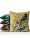 Handmade cushion/pillow cover illustration of a flock of birds perched on branches on a yellow background