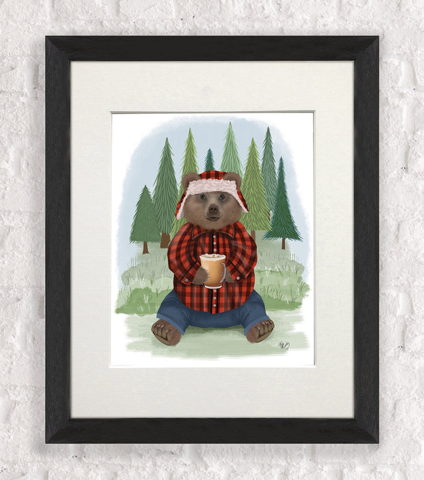 Bear in Lumberjack & Latte, Art Print, Canvas, Wall Art