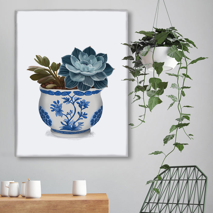 Echeveria in Blue 2, Chinoiserie Art Print, Canvas art