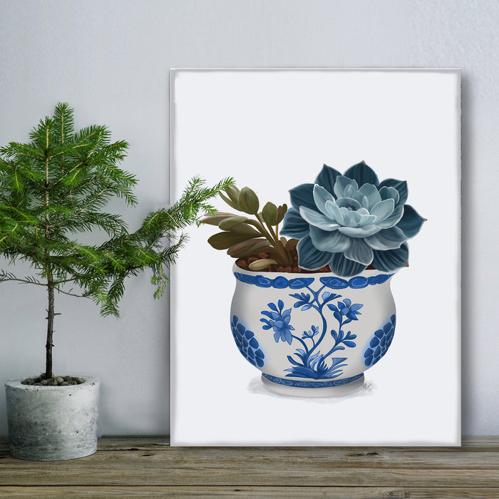 Echeveria in Blue 2, Chinoiserie Art Print, Canvas art