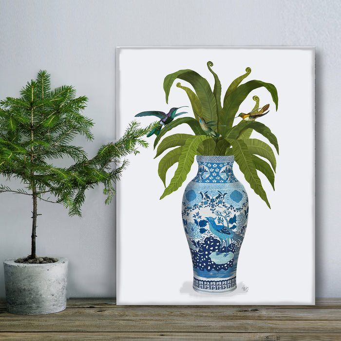 Cockerel Chinoiserie Vase and Hummingbirds, Art Print, Canvas art