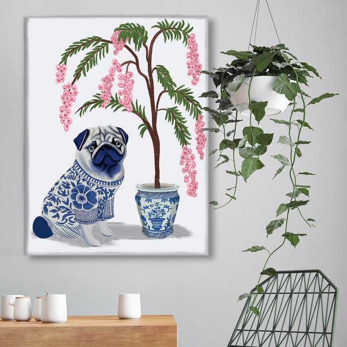 Chinoiserie Pug and Cherry Blossom On Grey, Art Print, Canvas art