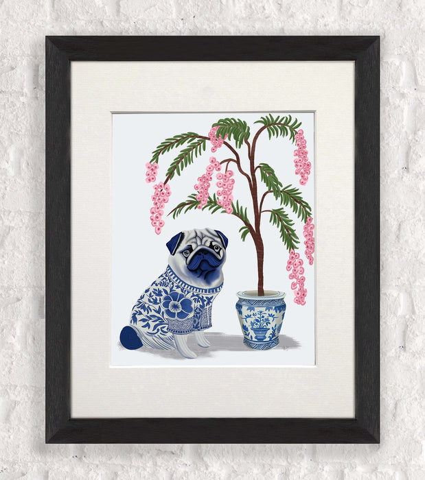 Chinoiserie Pug and Cherry Blossom On Grey, Art Print, Canvas art