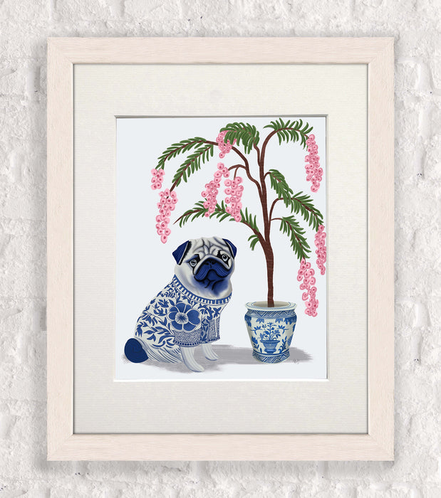 Chinoiserie Pug and Cherry Blossom On Grey, Art Print, Canvas art