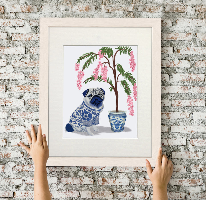 Chinoiserie Pug and Cherry Blossom On Grey, Art Print, Canvas art