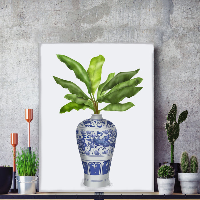 Crane Chinoiserie Vase and Banana Leaves, Art Print, Canvas art