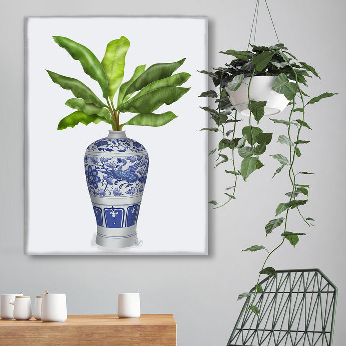 Crane Chinoiserie Vase and Banana Leaves, Art Print, Canvas art