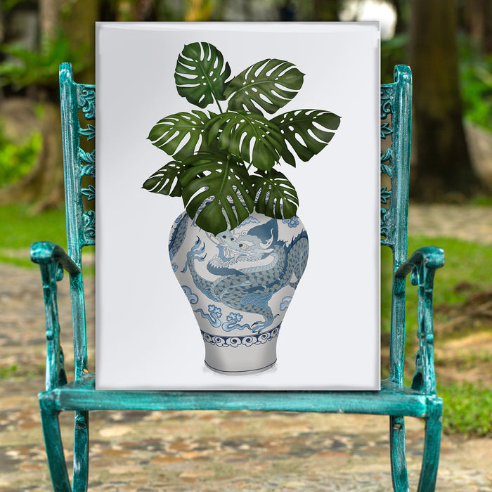 Dragon Chinoiserie Vase and Monstera, Art Print, Canvas art