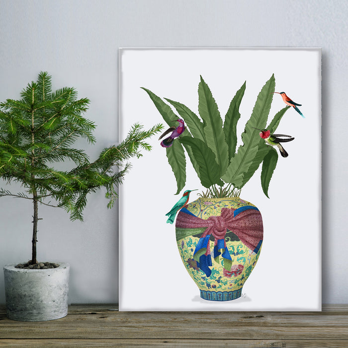 Chinoiserie Ginger Jar, Bright Ribbon and Hummingbirds, Art Print, Canvas art