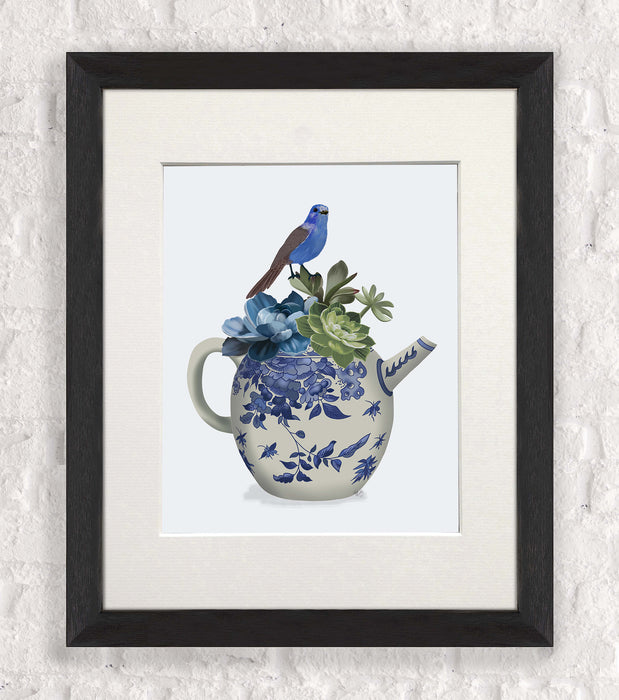 Chinoiserie Teapot, Echevaria and Bird, Art Print, Canvas art