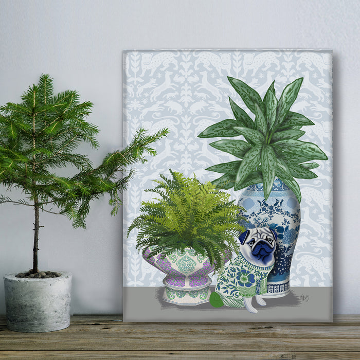 Blue Green Pug Trio, Chinoiserie Art Print, Canvas art