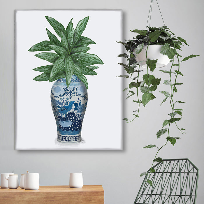 Cockerel Vase with Chinese Evergreen, Chinoiserie Art Print, Canvas art