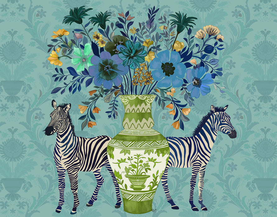 Chinoiserie Zebra Twins on Aquamarine, Art Print, Canvas art