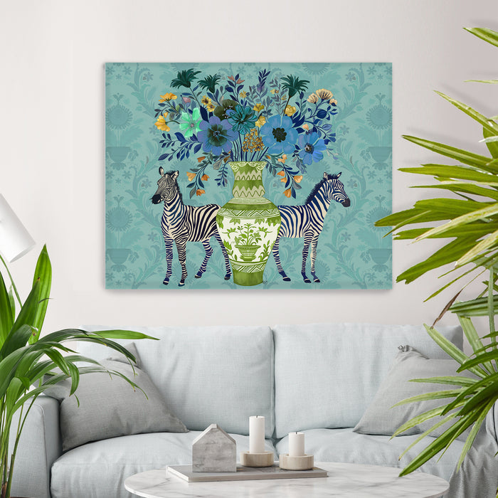 Chinoiserie Zebra Twins on Aquamarine, Art Print, Canvas art