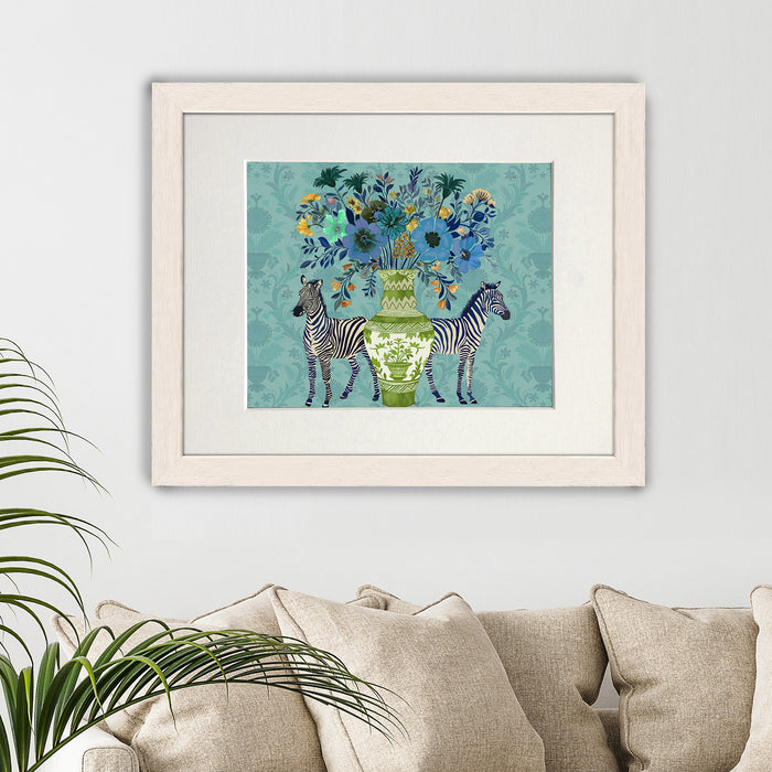 Chinoiserie Zebra Twins on Aquamarine, Art Print, Canvas art