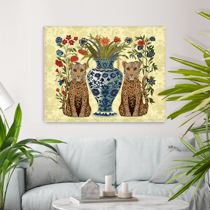 Chinoiserie Leopard Bouquet Twins on Lemon, Art Print, Canvas art