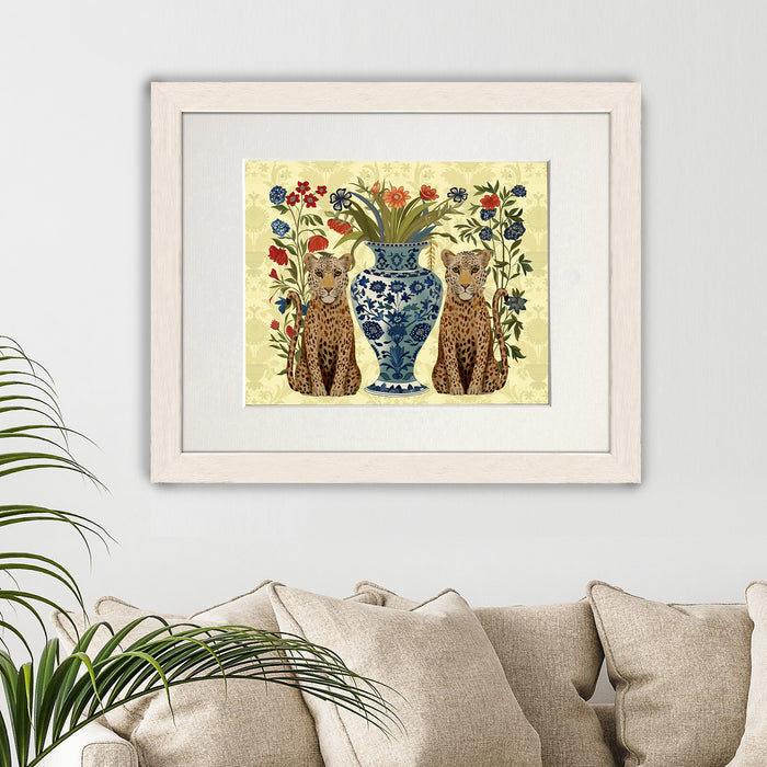 Chinoiserie Leopard Bouquet Twins on Lemon, Art Print, Canvas art