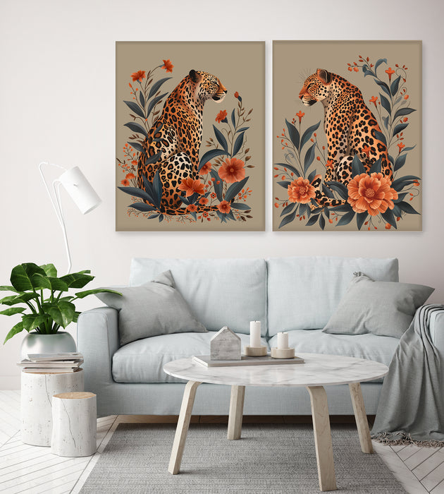 Collection - 2 prints,  Leopards Orange Flowers  Art Print, Canvas Wall Art