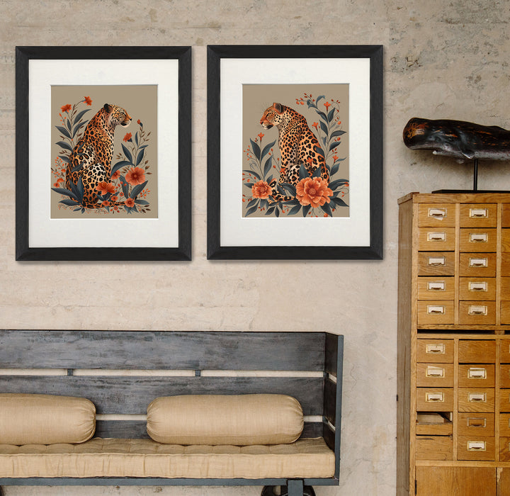 Collection - 2 prints,  Leopards Orange Flowers  Art Print, Canvas Wall Art