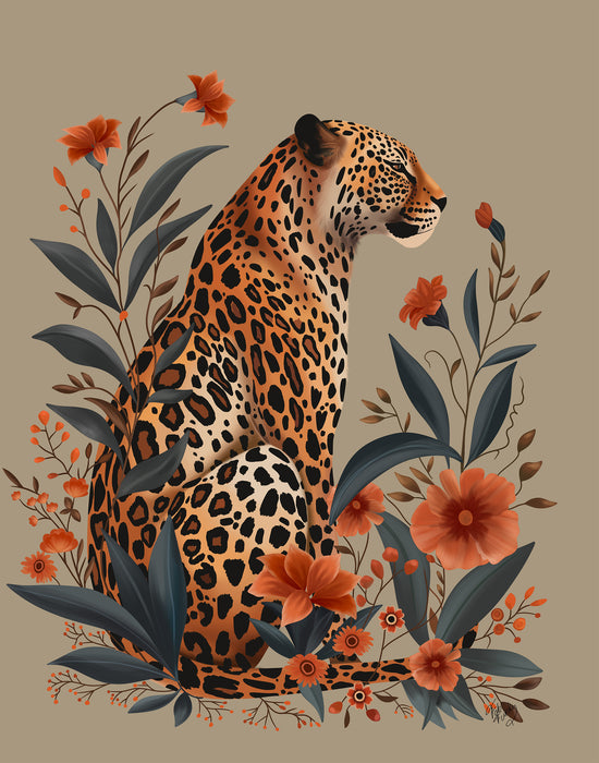 Leopard Orange Flowers 1 Art Print, Canvas art