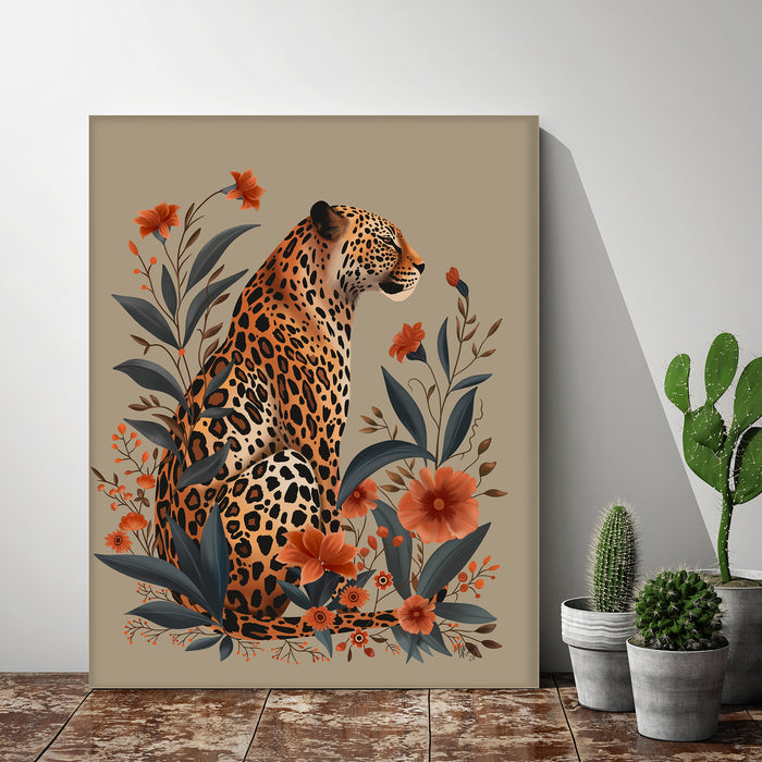 Leopard Orange Flowers 1 Art Print, Canvas art