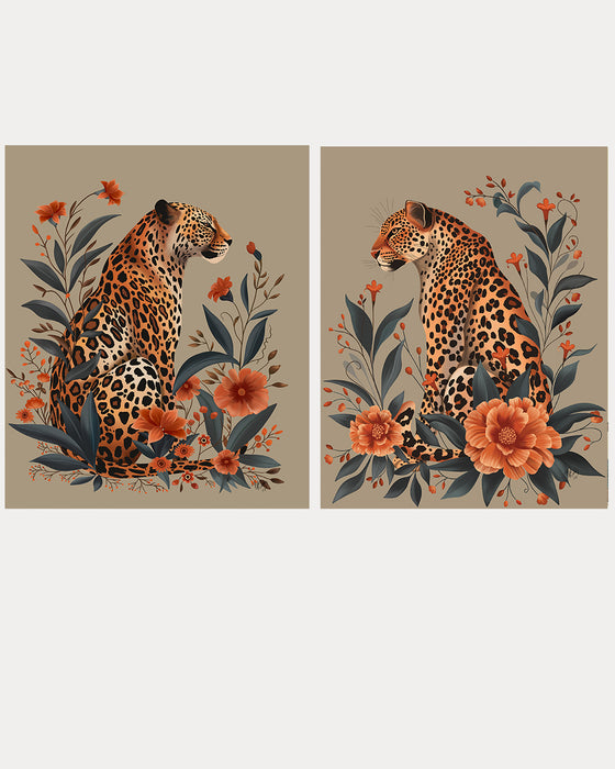 Collection - 2 prints,  Leopards Orange Flowers  Art Print, Canvas Wall Art