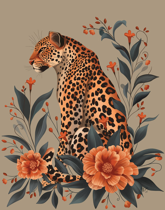 Leopard Orange Flowers 2  Art Print, Canvas art