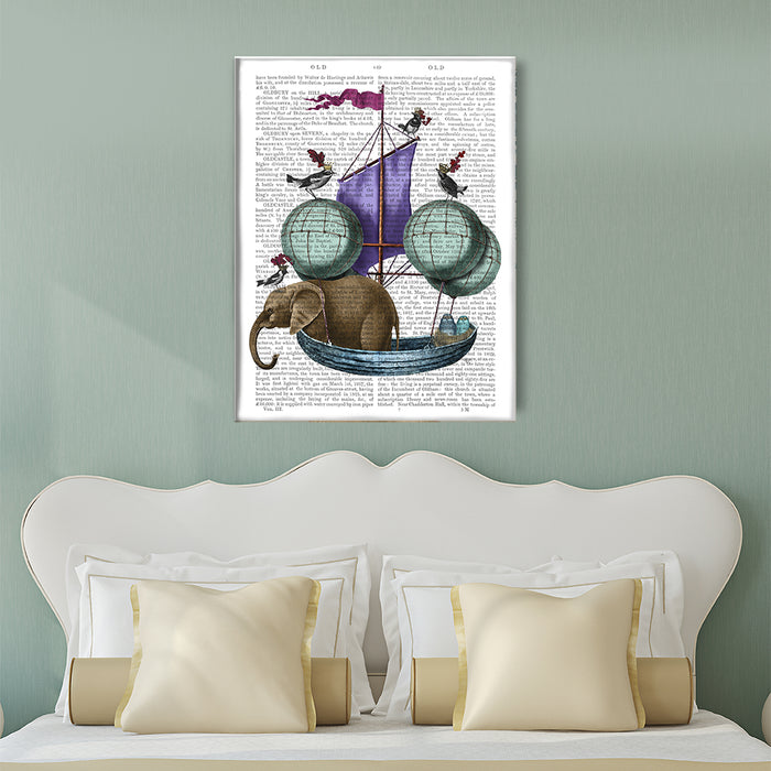 Elephant in Airship with Owls & Birds, Book Print, Art Print, Wall Art