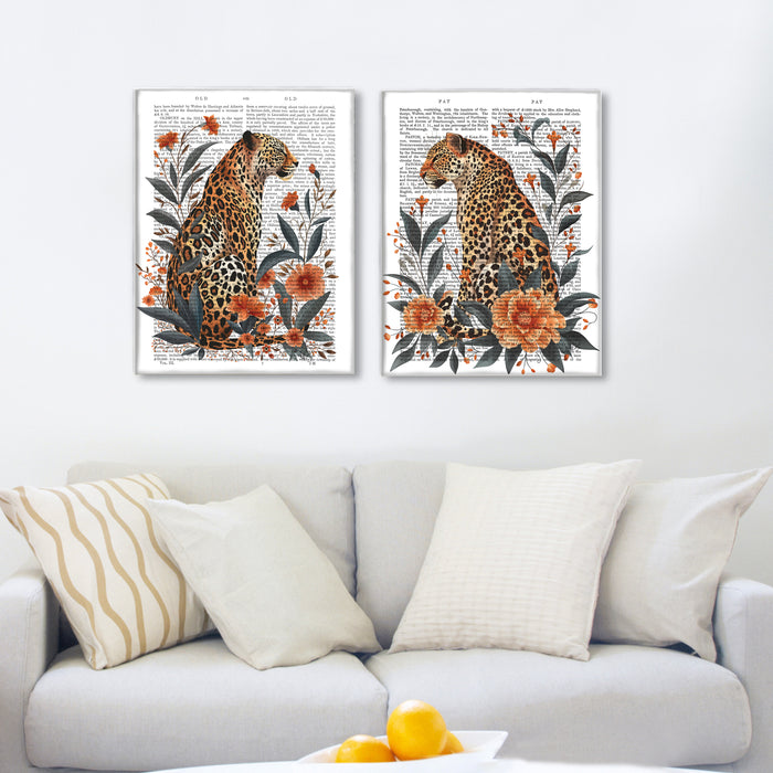 Leopards Orange Flowers Collection Gallery Set 2 Book Prints, Art Print, Canvas art