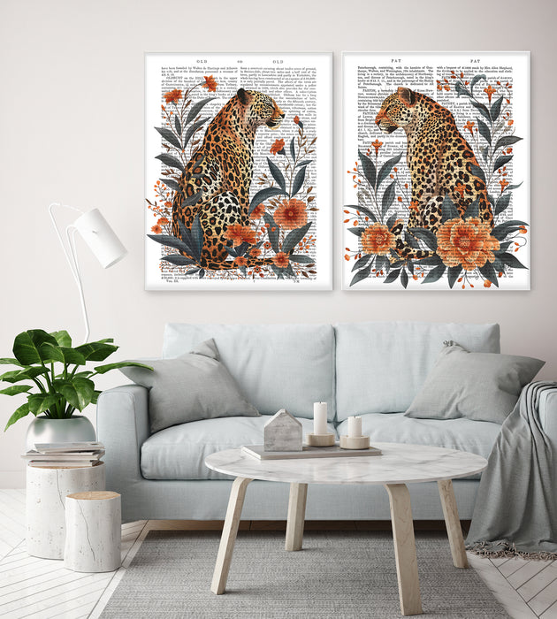 Leopards Orange Flowers Collection Gallery Set 2 Book Prints, Art Print, Canvas art