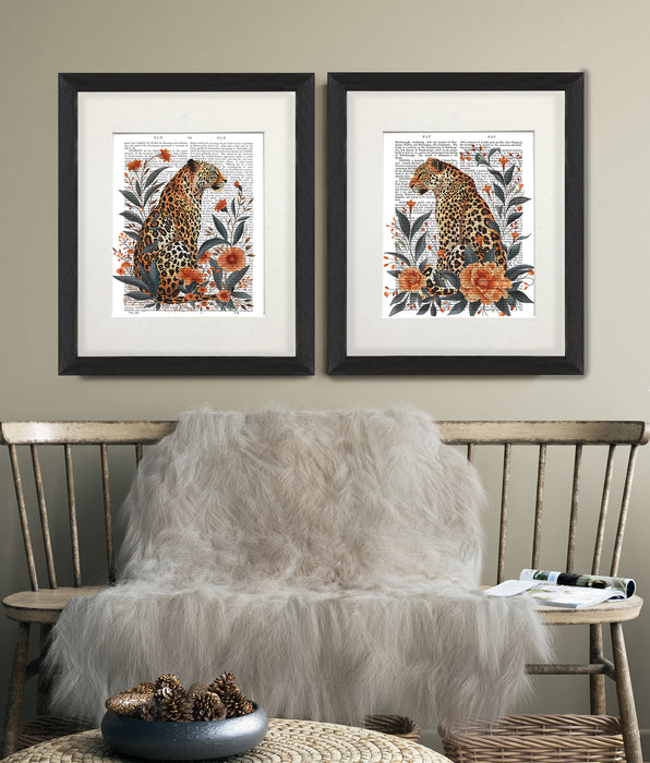 Leopards Orange Flowers Collection Gallery Set 2 Book Prints, Art Print, Canvas art