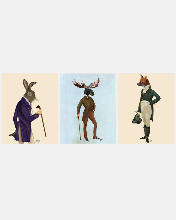 Collection - 3 prints, Hare, Moose & Fox Regency Art Print, Canvas Wall Art