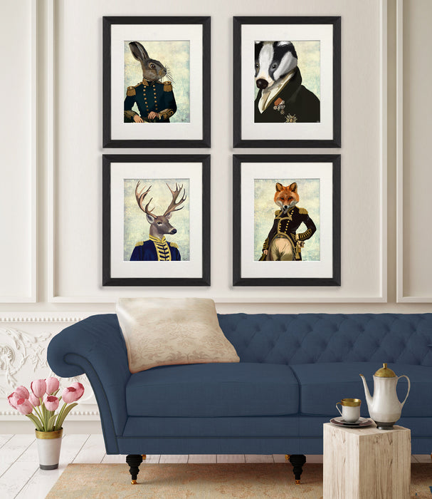 Collection - 4 prints, Deer, Fox, Badger, Hare Military Set Art Print, Canvas Wall Art