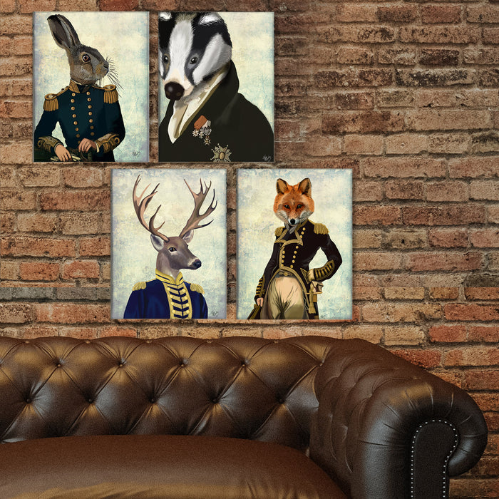 Collection - 4 prints, Deer, Fox, Badger, Hare Military Set Art Print, Canvas Wall Art