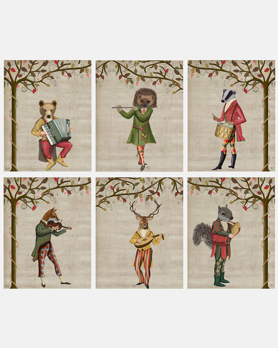 Collection - 6 prints, Woodland Minstrels Musical Animal Art Print, Canvas Wall Art